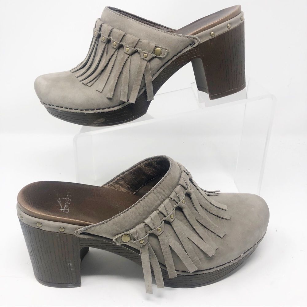 Dansko Taupe Fringe Leather Clogs